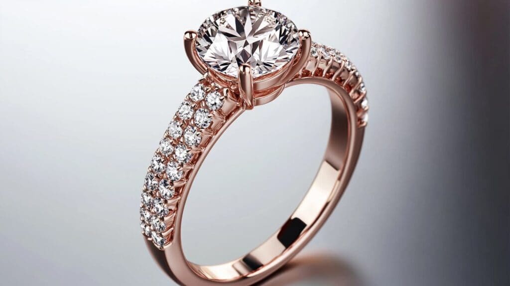 Rose gold engagement ring featuring a pavé diamond band and a brilliant-cut center stone, highlighting intricate craftsmanship and continuous sparkle.