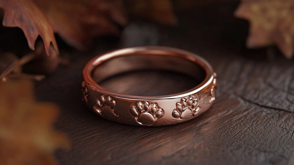 Rose gold ring with engraved paw prints, designed as a memorial for a beloved pet.