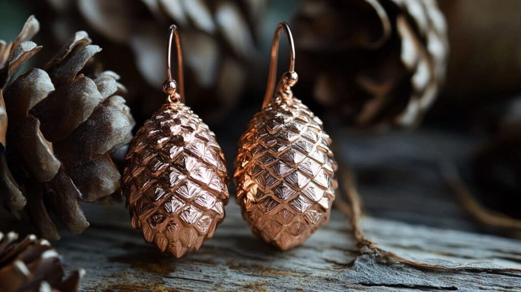 Pair of rose gold pinecone earrings on rustic wood, capturing nature-inspired jewelry with symbolic meaning.