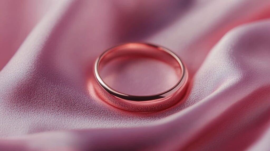 Simple rose gold band resting on pink satin fabric, showcasing the metal's warm pink tone and minimalist design.