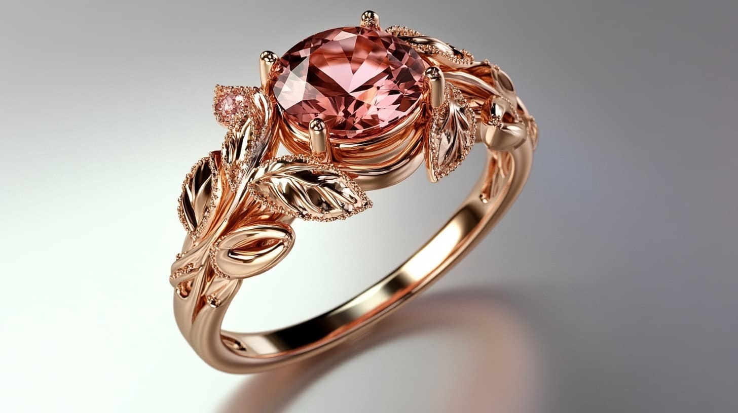 Rose gold ring with a round pink sapphire framed by sculpted gold leaves