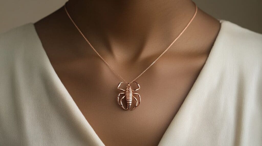 Elegant rose gold scorpion pendant necklace displayed on a model wearing a white blouse, showcasing modern jewelry design with symbolic meaning.