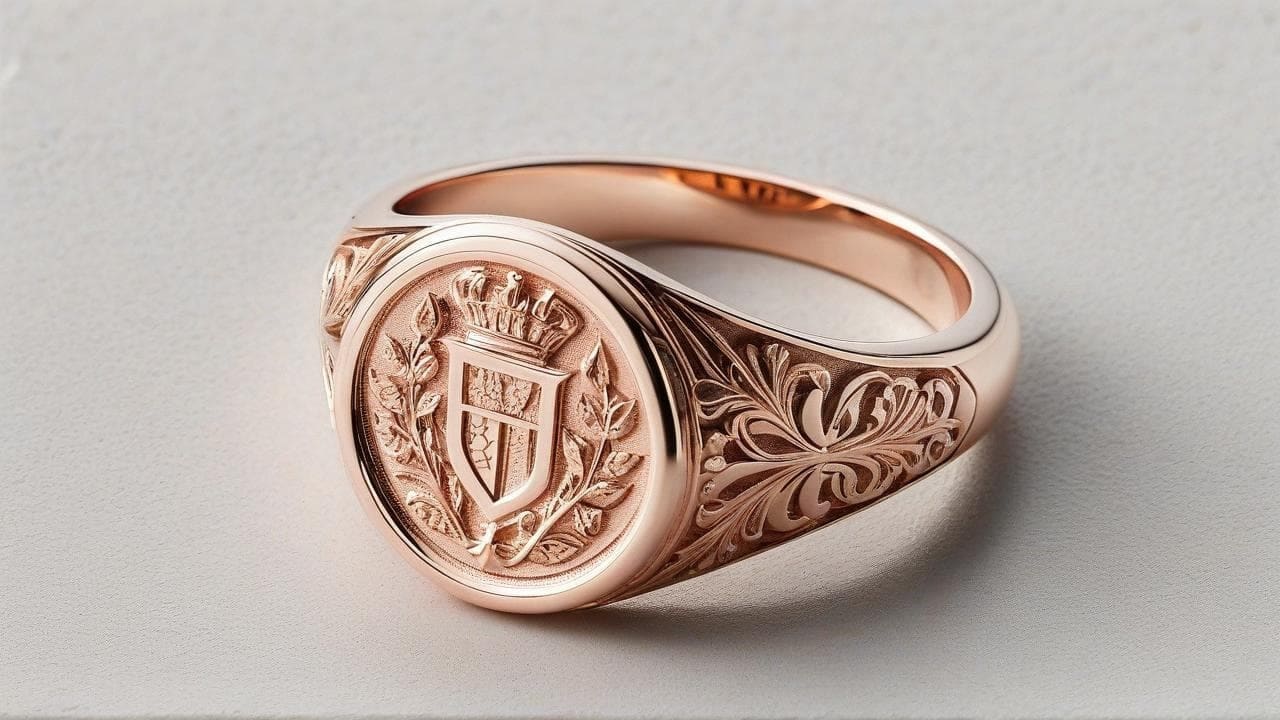 Rose gold signet ring with a 3D-engraved crest and scrolled shoulders