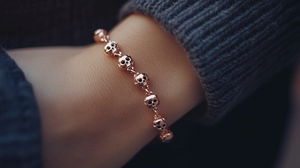 Close-up of a rose gold skull bracelet, featuring a delicate design perfect for subtle incorporation of skull symbolism into jewelry.