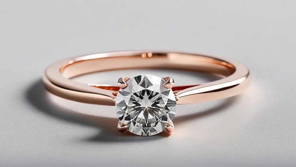 Simple rose gold solitaire engagement ring with round brilliant diamond on light gray background
