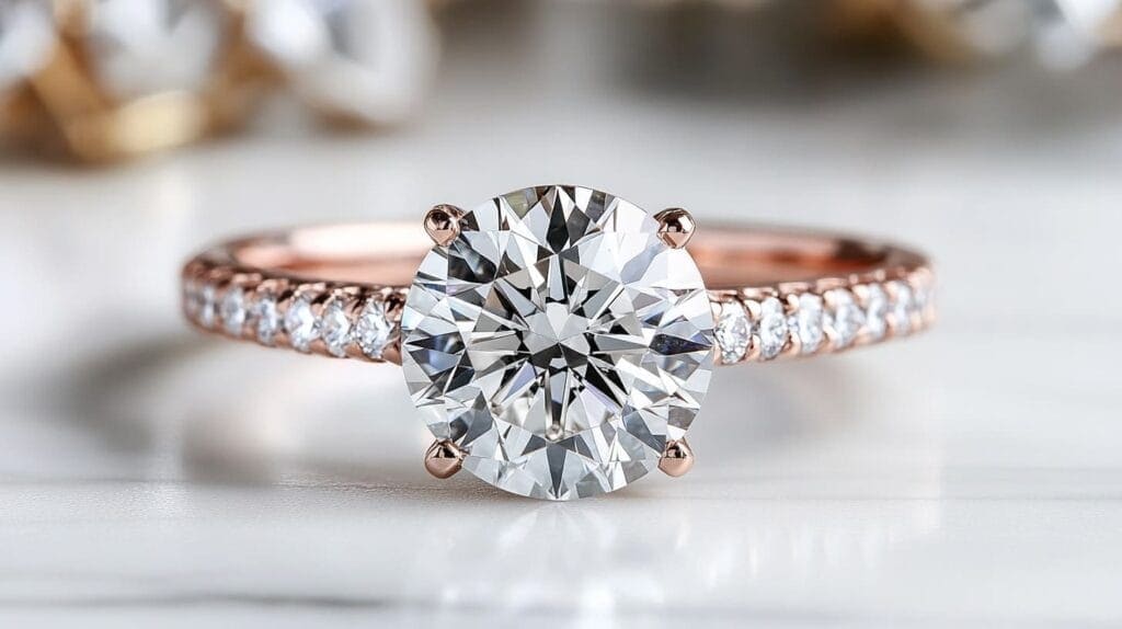 Rose gold solitaire ring featuring a round diamond with a pavé-set diamond band, blending modern elegance with luxurious detail.