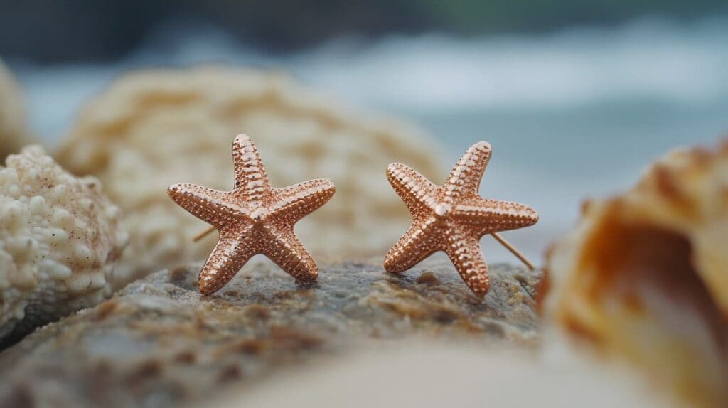 Rose gold starfish earrings displayed on beach rocks, symbolizing ocean connection