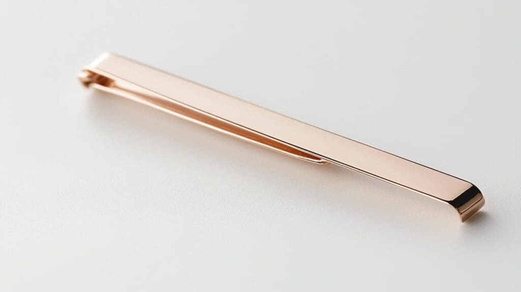 Rose gold tie bar with a minimalist design photographed on a white surface, showcasing a modern and sophisticated accessory.