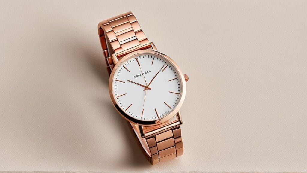 Rose gold watch with white dial and matching rose gold metal bracelet for versatile styling