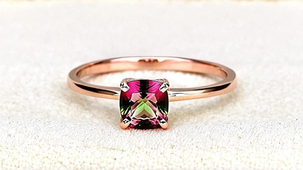 Rose gold ring featuring a cushion-cut watermelon tourmaline with vibrant pink and green hues.