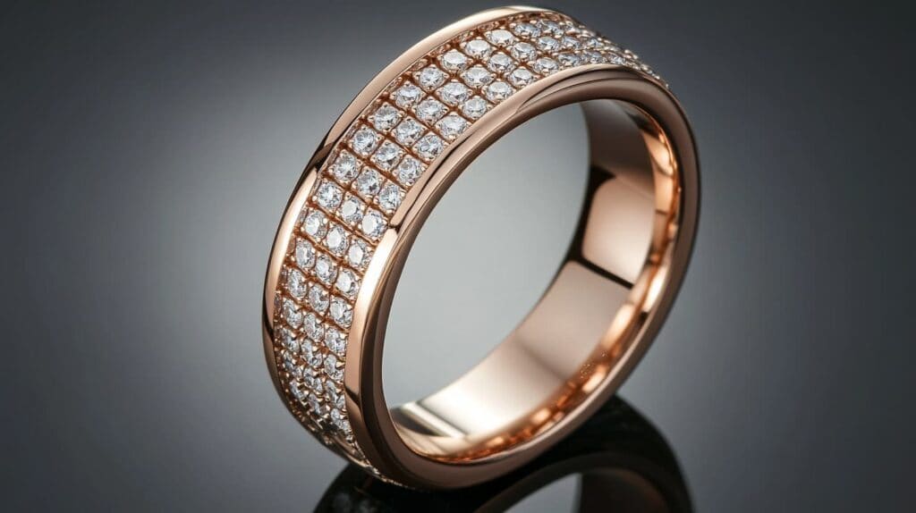 Wide rose gold wedding band with channel pavé diamond rows, showcasing a luxurious design with tightly set diamonds for a seamless sparkle effect.