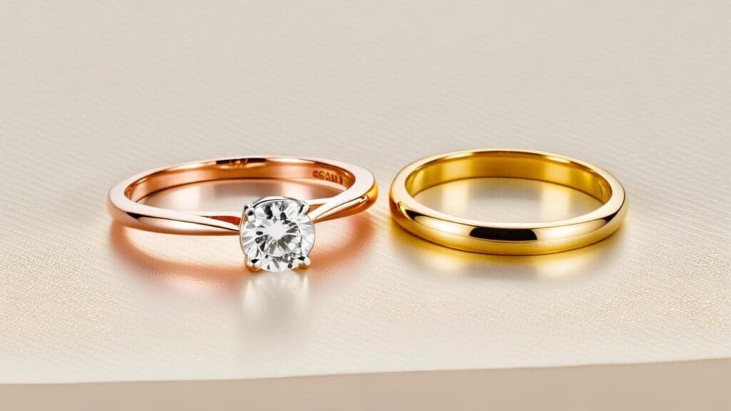 Rose gold diamond solitaire engagement ring paired with matching yellow gold wedding band showing mixed metal jewelry styling