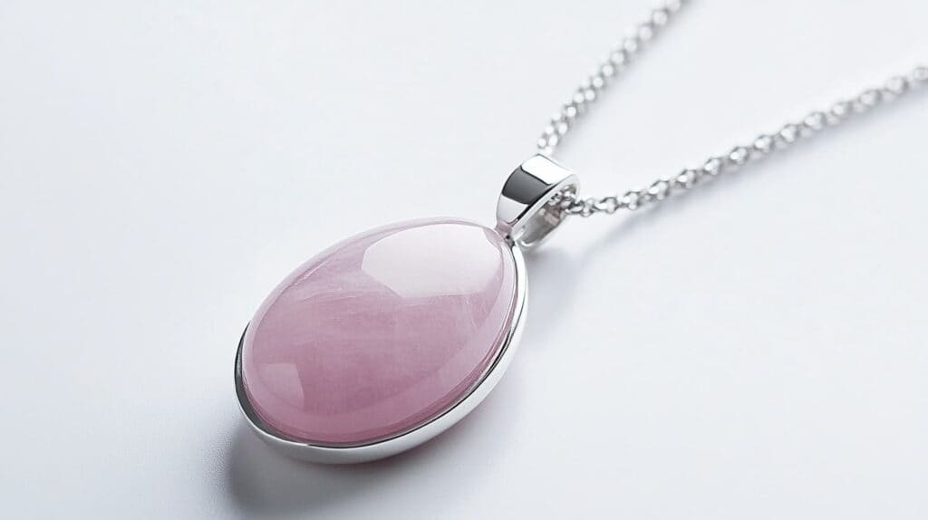 Elegant rose quartz pendant necklace with a silver chain, symbolizing love and friendship, displayed on a clean white background.