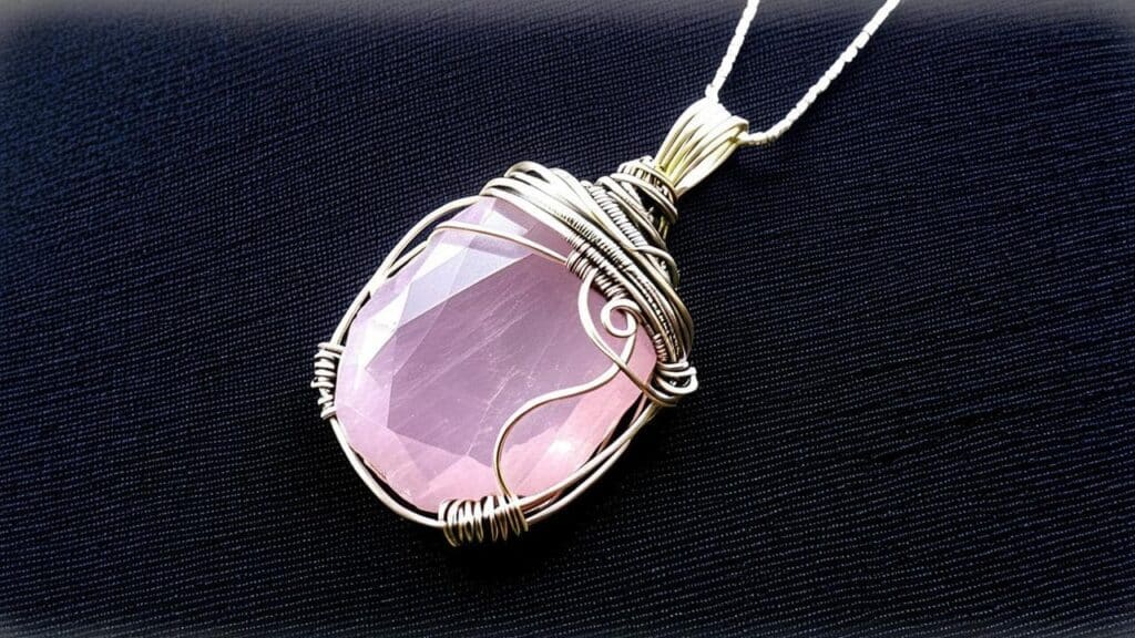 Handcrafted rose quartz pendant with intricate wire-wrapped design on a silver chain, displayed against a dark fabric background.