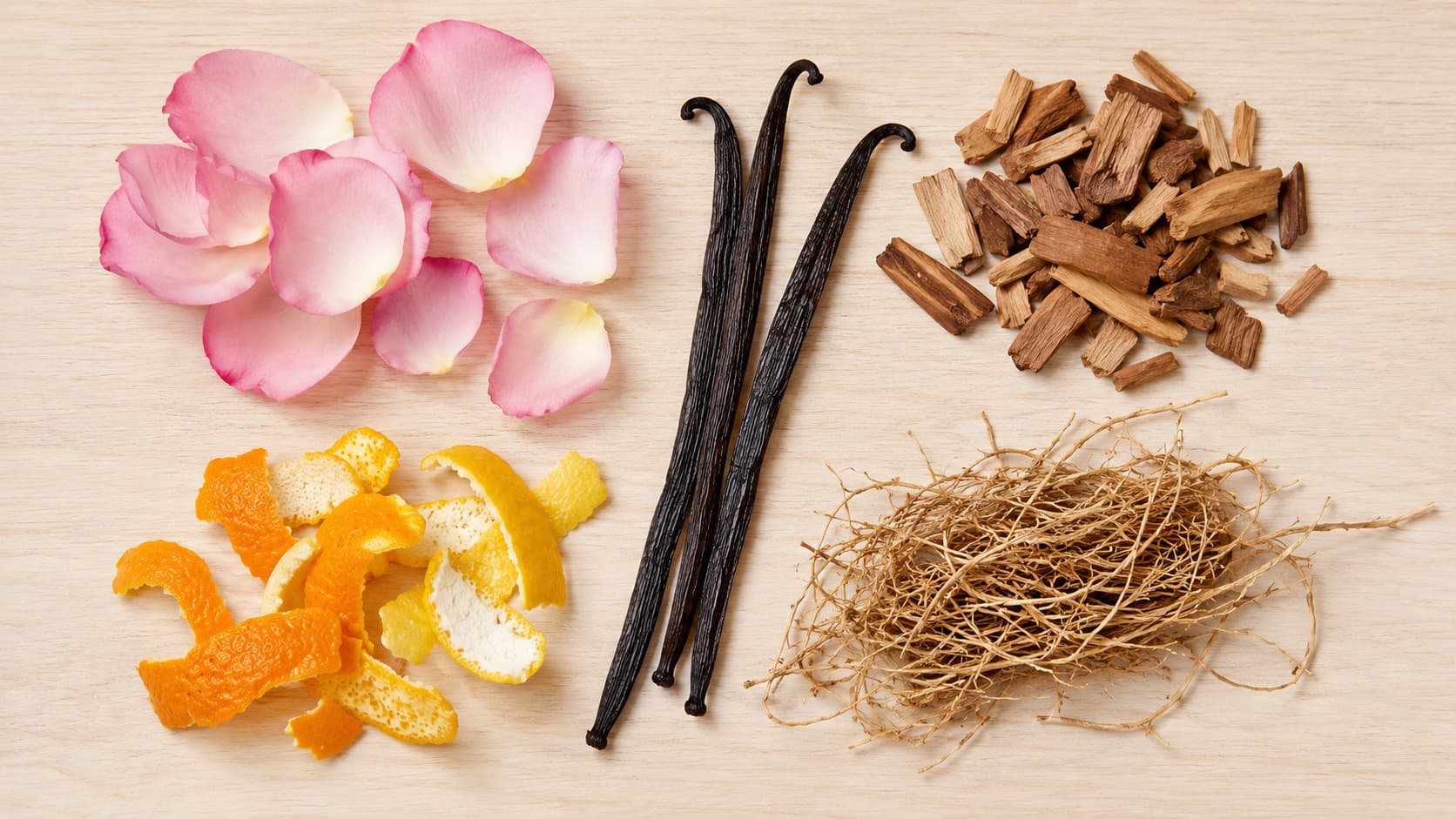 Rose petals, orange peel, vanilla pods, sandalwood, and vetiver root used as natural perfume ingredients