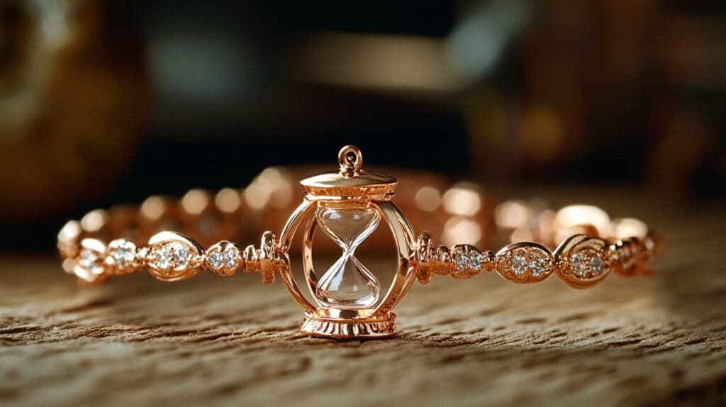 Rose gold bracelet with a central hourglass and diamond accents, blending elegance and symbolism of time in fine jewelry.