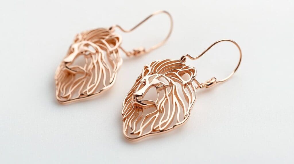 Rose gold lion head earrings with intricate cut-out design, symbolizing elegance and strength.