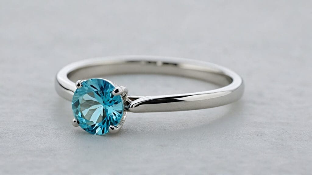 Elegant round-cut aquamarine engagement ring set in a sleek white gold band, showcasing its brilliant blue gemstone.