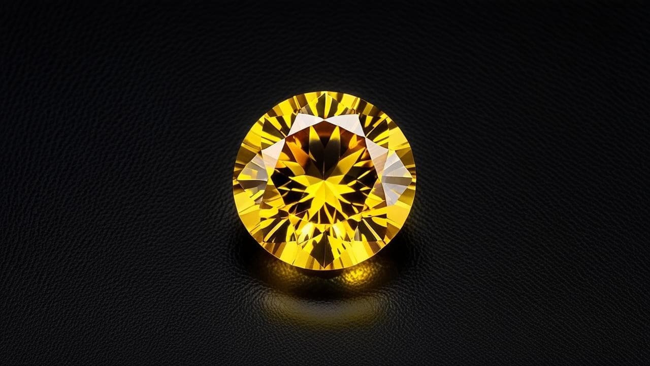 Round brilliant-cut citrine glowing golden yellow on black leather
