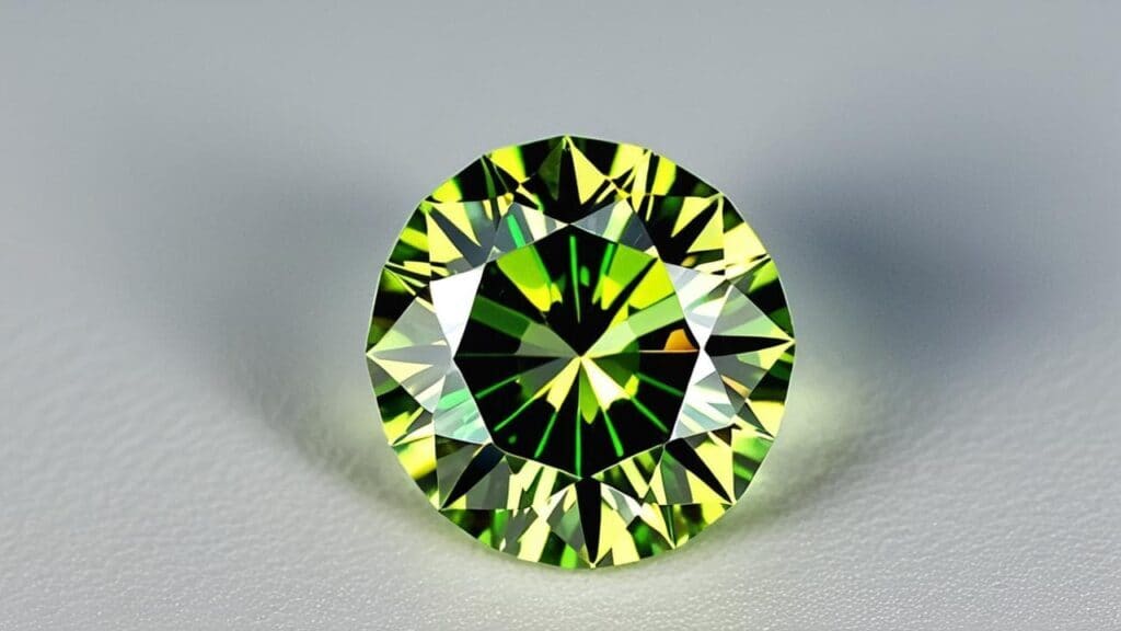 Round brilliant cut demantoid garnet showing spectacular rainbow fire and dispersion effects with yellow green flashes