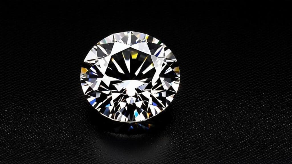 A round brilliant-cut diamond on a black surface, emphasizing its exceptional sparkle.