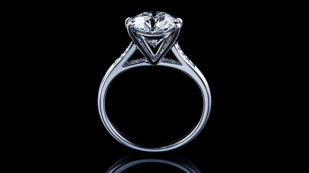 Close-up view of a Round Brilliant cut diamond engagement ring with a basket setting, showcasing its secure design and intricate metalwork against a black background.