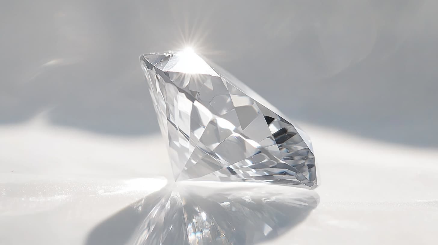 Round brilliant-cut diamond in profile with a starburst of light off its table