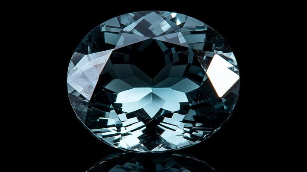 Round brilliant-cut faceted blue Gahnospinel gemstone showcasing exceptional clarity and light reflection, set against a dark background.