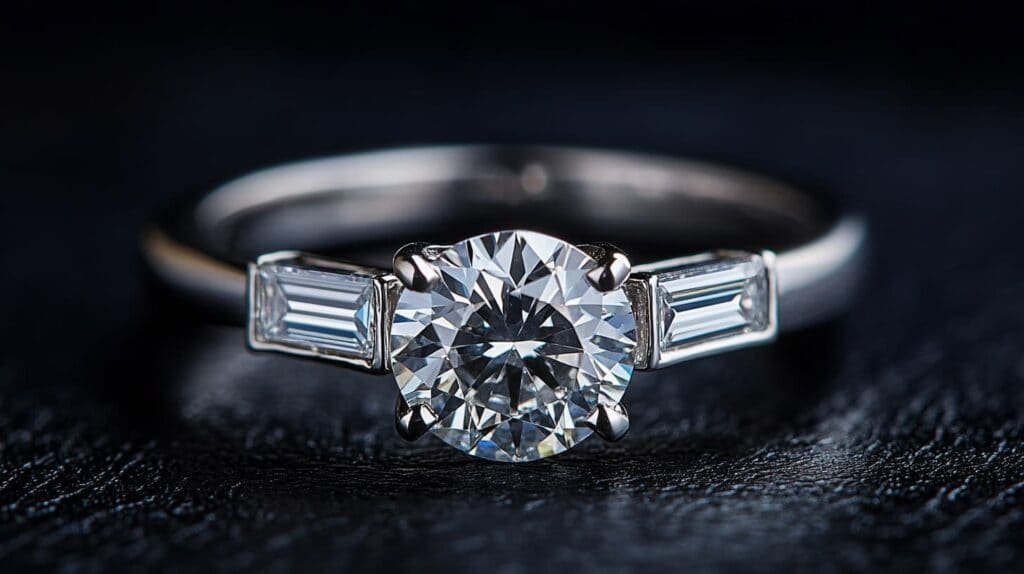 A stunning engagement ring with a round brilliant-cut diamond center stone, flanked by two tapered baguette-cut diamonds, creating a sophisticated and elegant design.