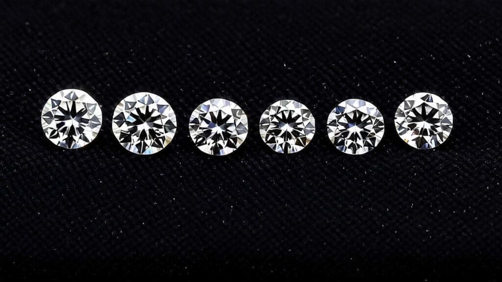 A row of round brilliant-cut diamonds demonstrating the importance of gemstone certification for assessing cut, clarity, and carat weight.