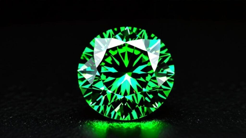 Round brilliant vivid green diamond radiating intense fire and color contrast on a black background