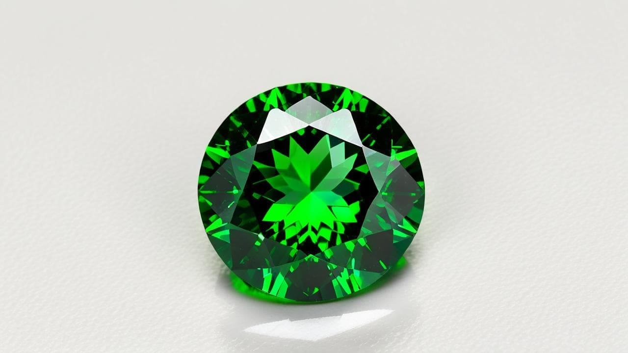 Round-cut chrome diopside glowing vivid green on a white surface