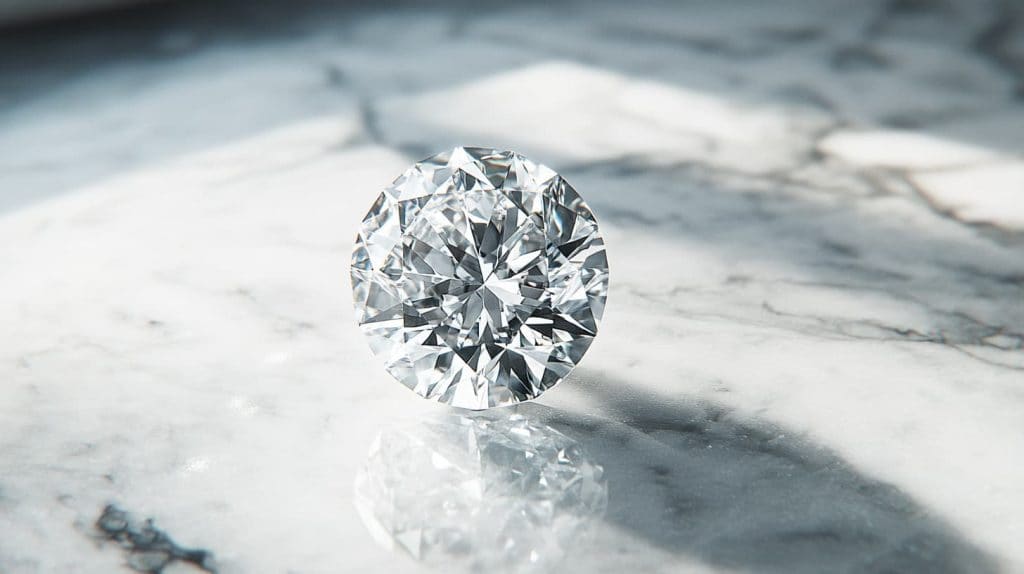 Round cut diamond placed on a marble surface, emphasizing its brilliant facets and sparkling clarity.
