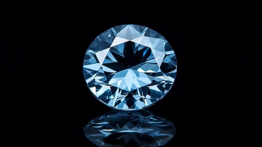 A round-cut blue jeremejevite gemstone displayed against a black background, highlighting its precision cut and radiant facets.