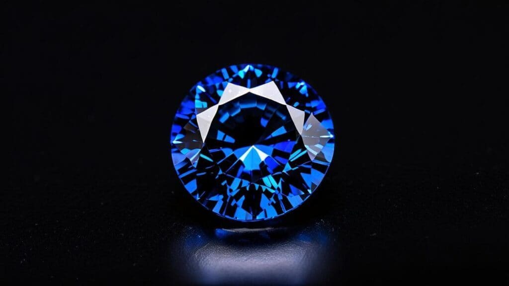Round cut natural blue spinel gemstone with vivid cobalt blue color on a black background