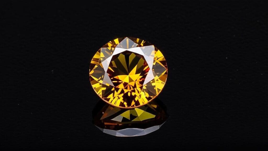 A round-cut sphalerite gemstone with fiery yellow and orange hues, displaying its high dispersion and brilliance against a black background.