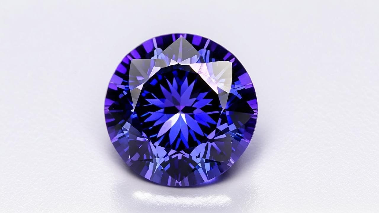 Round-cut tanzanite flashing blue and violet on a white surface