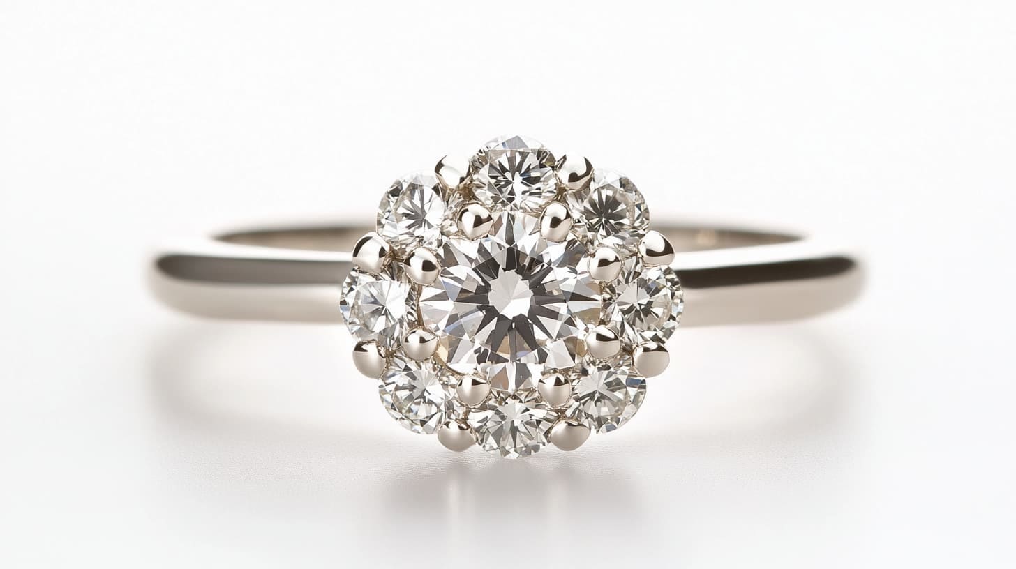 Engagement ring with a round diamond ringed by a cluster of smaller stones