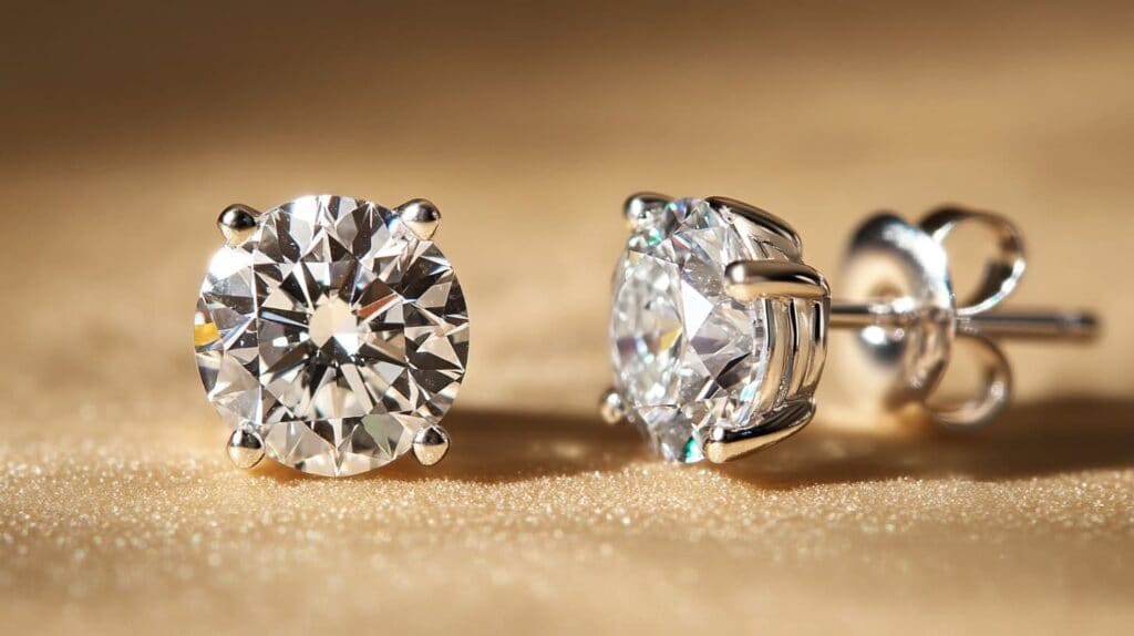 Classic round-cut diamond stud earrings set in white gold, displayed against a golden background.