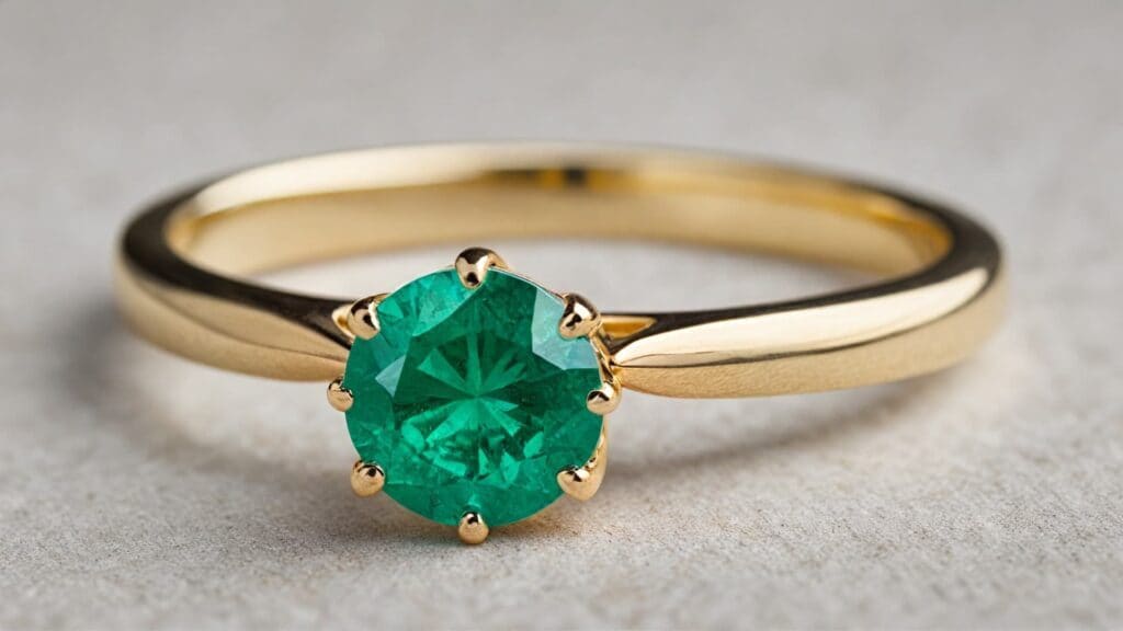 A classic round-cut emerald solitaire engagement ring set in a sleek yellow gold band, showcasing simplicity and timeless elegance.