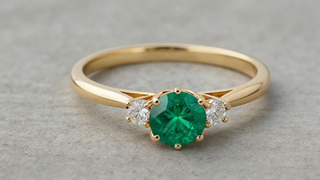 A breathtaking round emerald engagement ring in a three-stone setting with sparkling diamonds on a yellow gold band, blending tradition and sophistication.