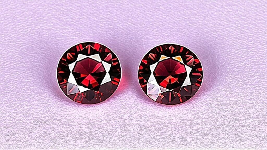 A pair of round faceted almandine garnet gemstones with a rich red color, set against a light purple background.