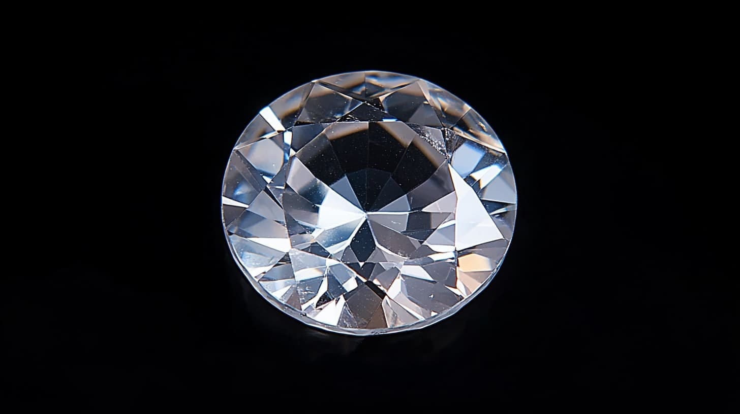 Round faceted colorless danburite gemstone on a black background