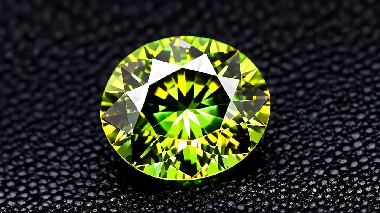 Round faceted sphene flashing yellow-green fire on black pebbled leather