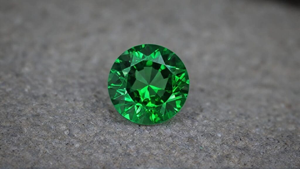 A brilliant round-cut tsavorite garnet gemstone with vivid green color, placed on a textured gray surface.