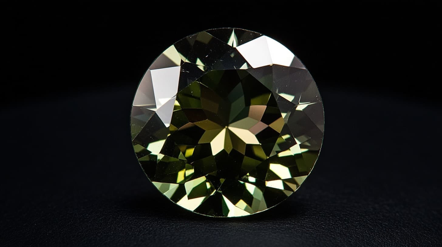 Round faceted kornerupine in olive green on a black background