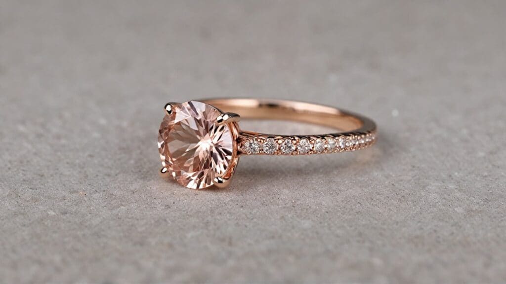 Round-cut morganite engagement ring in rose gold with a diamond pave band, showcasing its soft pink hue and elegant sparkle.