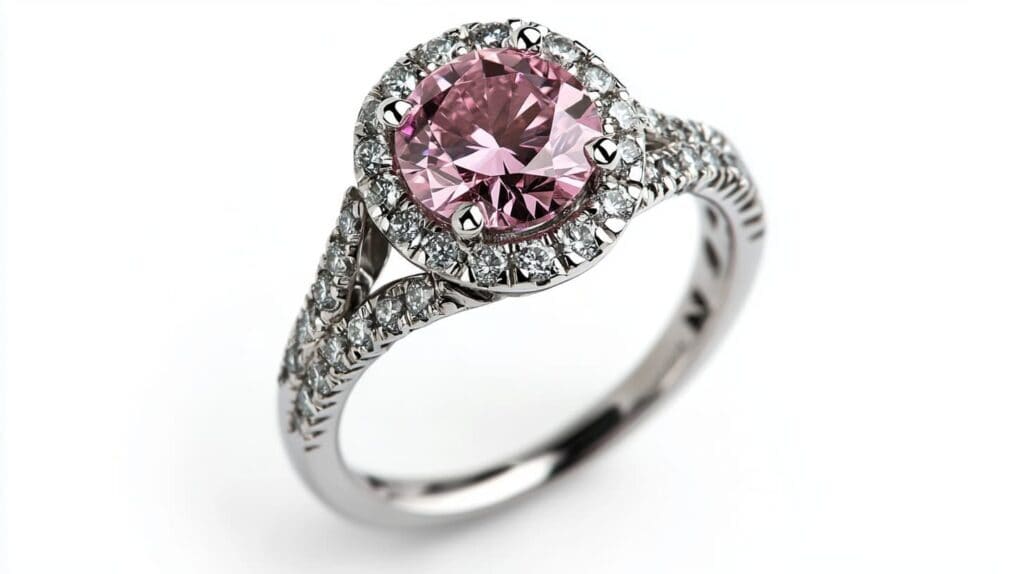 Elegant round pink diamond halo ring set in white gold with a split shank design and accent diamonds.