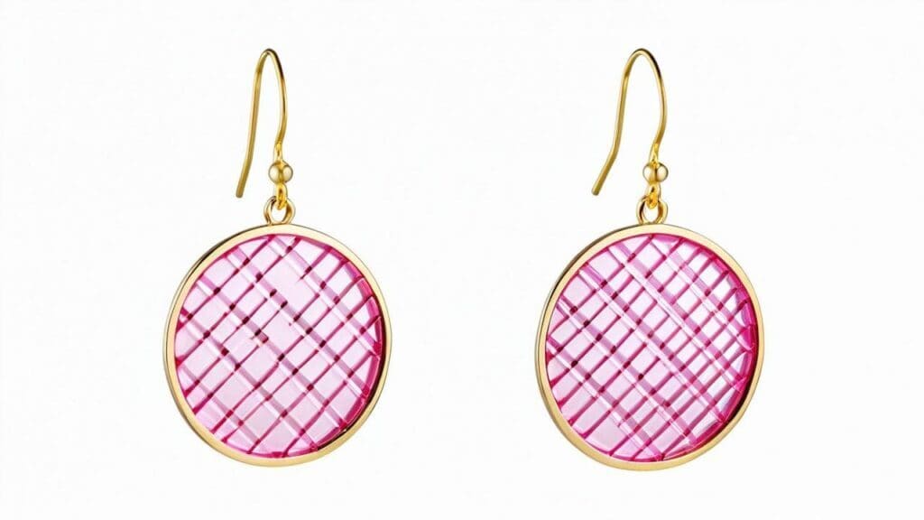 Round plique-à-jour earrings with pink transparent glass enamel in gold lattice pattern