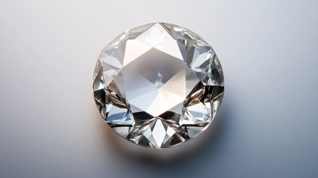 A round rose cut diamond with a faceted dome and flat base, highlighting its vintage-inspired cut style.